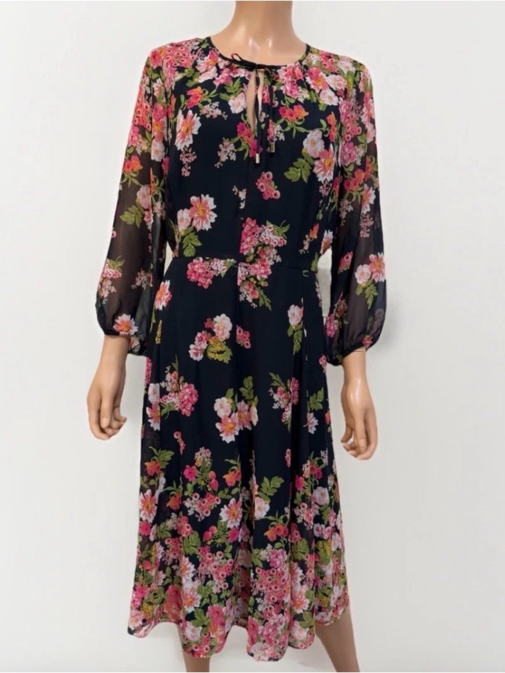 Black Floral Tie-Neck Midi Dress Women’s Size 12 Romantic